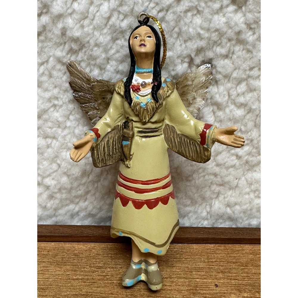 Native American Style Angel Ornament Resin Woman Open Arms Tan Dress 4.25"